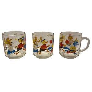 Vintage Arcoroc Childrens Glass Mugs Set of 3 Cartoon Animals